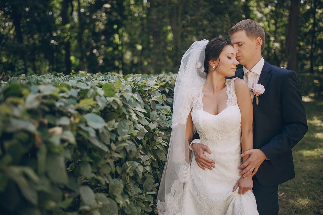 Bride and groom in the garden